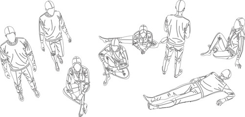 Fototapeta premium Top-Down View of Diverse Human Figures in Various Poses Sketches, Lifestyle Illustration, Minimalist Line Art