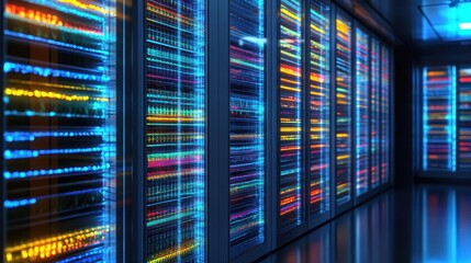 Server racks displaying illuminated data processing in a data center