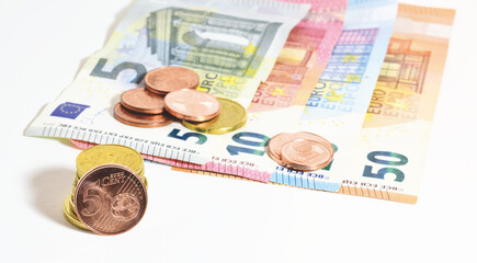 Euro coins and banknotes. Close up.	