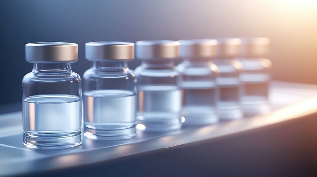 Row of sterile saline solution bottles on a shelf in a medical laboratory setting with soft lighting