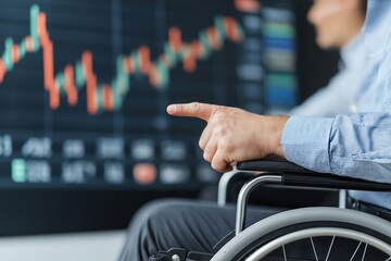 Disabled trader analyzing stock market data on screen in wheelchair financial charts and graphs investment strategy and business analysis concepts