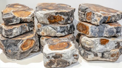 Stacked petrified wood logs showing intricate fossil patterns