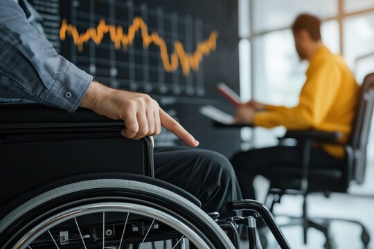 Disabled businessman in wheelchair analyzing stock market data with colleague in modern office for financial investment and business strategy - Powered by Adobe