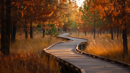 Cinematic Autumn Forest Boardwalk with Golden Sunlight and Warm Seasonal Foliage
