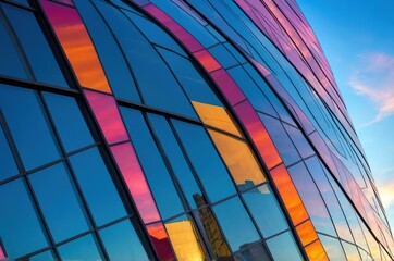 Colorful reflections on a building facade during sunset in an urban area creating an interesting visual effect on glass