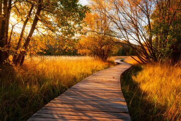 Cinematic Autumn Forest Boardwalk with Golden Sunlight and Warm Seasonal Foliage
