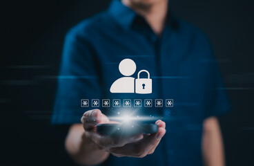 Password protection and user authentication concept. Hand holding smart phone with secure login password and padlock icon, representing cybersecurity, identity access management and data privacy.