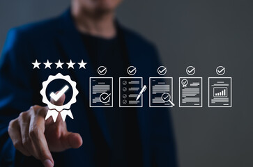 Quality assurance and certification compliance concept. Businessman touching digital interface...