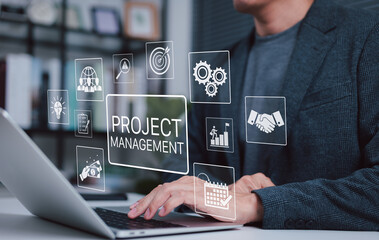 Project management technology concept. Businessman working on laptop with icons representing planning, task tracking, team collaboration, deadline, optimization, goal setting and workflow automation.