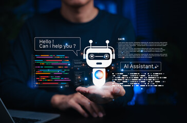 AI coding assistant for software development concept. machine learning code, Programmer holding virtual assistant code and AI robot represent artificial intelligence, AI programming, development tools