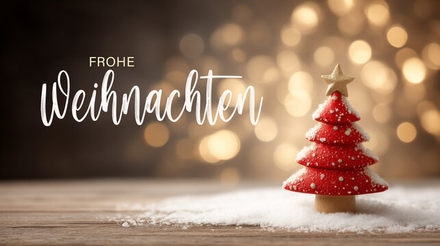 Frohe Weihnachten Winter Konzept, Weihnachtskarte, Gru&szlig;karte, Karte mit deutschem Text - Roter Weihnachtsbaum, Tannenbaum oder Christbaum, auf Tisch mit Schnee