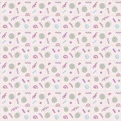 Seamless patterns in the form of circles, zigzags, spirals, stripes and polka dots in colorful green, purple, and blue. The background is decorated with wavy pink lines for textiles, tiles, cards, wra
