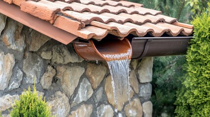 Terracotta Drainage Spout Channelling Rainwater Over Stone Wall