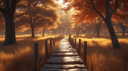 Cinematic Autumn Forest Boardwalk with Golden Sunlight and Warm Seasonal Foliage
