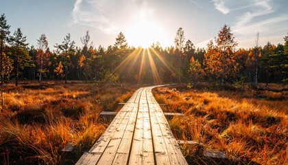 Cinematic Autumn Forest Boardwalk with Golden Sunlight and Warm Seasonal Foliage
