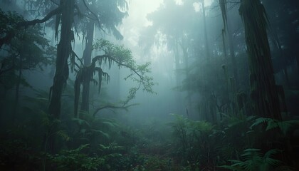 Mysterious and dense tropical rainforest jungle with thick fog and lush green vegetation © M