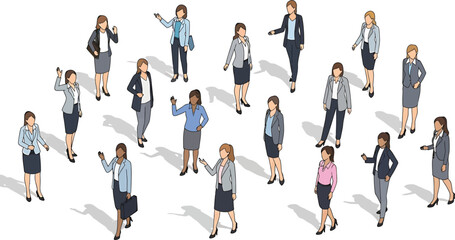 Obraz premium Group of Diverse Businesswomen Standing and Walking in Office Environment, Isometric View, Illustration