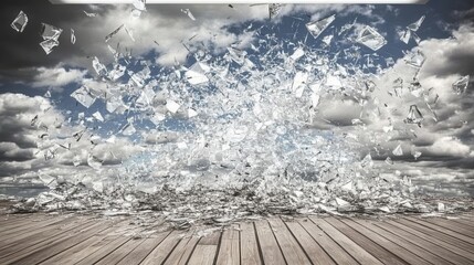 Shattered glass fragments reflecting a cloudy sky