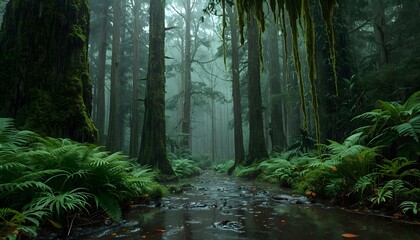 Misty, dense, and mysterious rainforest path with lush green ferns and tall trees in a dark, atmospheric jungle setting