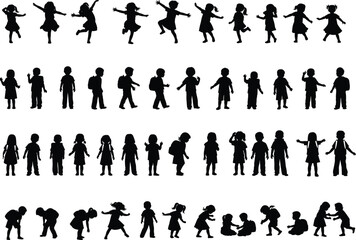 Diverse children students playing jumping standing with backpack black silhouette set, kindergarten school education childhood activity vector illustration graphic.