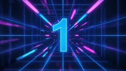 Glowing blue number one in a futuristic neon grid tunnel with vibrant light streaks. - Powered by Adobe