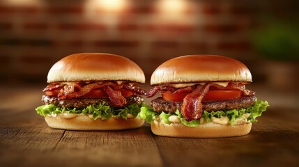 Two delicious American Burgers on a wooden table with bacon