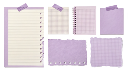 A collage of purple and off-white note papers with various textures and formats