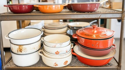 Various Chipped Enamel Cookware Displayed on Shelves