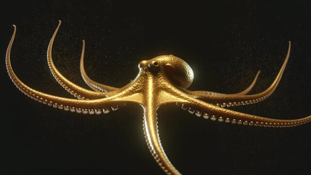 Golden octopus floating with brushed metal tentacles in hypnotic dance. Glowing head 3D rendering on pure black background for luxury underwater creature animation concept.