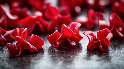 Vibrant red pasta shapes with glossy texture shown in a close-up macro detail photograph against a dark textured surface