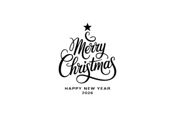 Editable Merry Christmas Typography Tree Vector with Happy New Year 2026 | Minimal Black and White Holiday Lettering Design