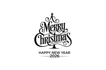 Editable Merry Christmas Typography Tree Vector with Happy New Year 2026 | Minimal Black and White Holiday Lettering Design