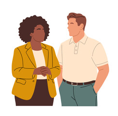 Two curvy people, black woman and caucasian man talking, featuring modern flat style figures. Clean minimalist vector illustration isolated on transparent background.