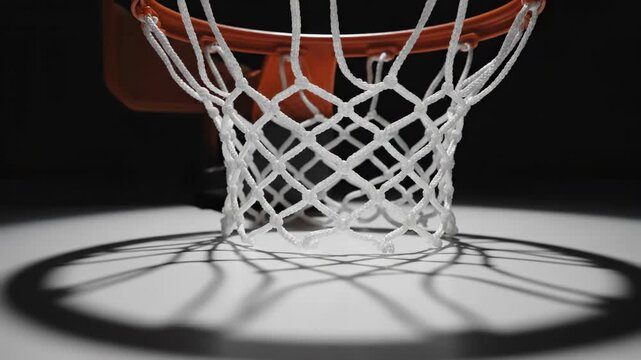 A professional shot of an orange basketball hoop and net mounted on a backboard against a solid black background, capturing the essential equipment used to score a goal in a competitive team sport