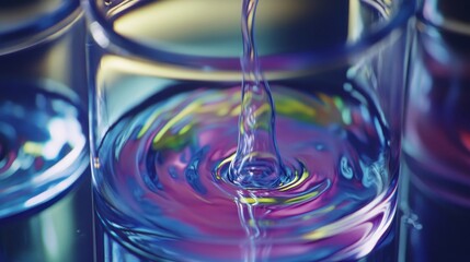 Water Pouring Into a Beaker Creating Swirling Colors and Motion