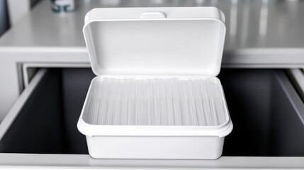 White pipette tip box opened showing sterile tips