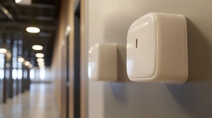 White hand sanitizer dispensers mounted on a gray wall