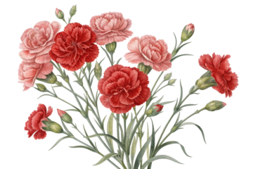 Watercolor-style illustration of a red carnation on a transparent background. Paint. Mother's Day. Pre-cut.