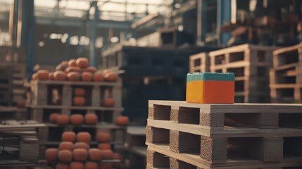 Wooden pallets stacked in a large industrial warehouse with a colorful object on top of one pallet