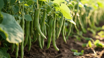 Obraz premium Rows of green beans hanging and thriving in a garden