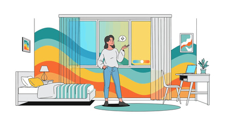 Smart home automation simplifies daily life with a woman controlling her bedroom environment