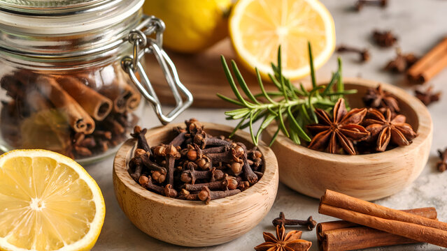 Aromatic winter spices including cloves cinnamon star anise lemon and rosemary arranged for holiday cooking preparation