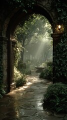 Obraz premium Golden sunlight streams through a stone archway covered in green ivy plants. A winding stone path leads into a dreamy garden. Bright light illuminates
