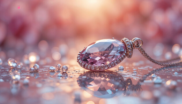 Pink Gemstone Pendant in Golden Light on Reflective Surface