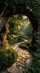 Obraz premium Golden sunlight streams through a stone archway covered in green ivy plants. A winding stone path leads into a dreamy garden. Bright light illuminates