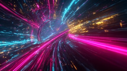 Neon Cyber Data Flow in Futuristic Fiber Optic Highway Tunnel. Ultra-Fast Digital Information Transfer, Dynamic Glowing Streams, and Aggressive High-Speed Networking Visualization.