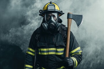 Firefighter portrait with axe and gas mask against smoky background wearing protective gear and helmet for emergency response and safety