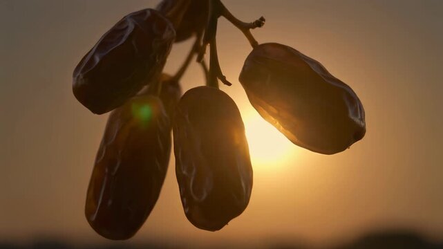 Close-up of ripe dates hanging on a branch with the golden sun setting behind them creating a beautiful backlit glow and warm natural light