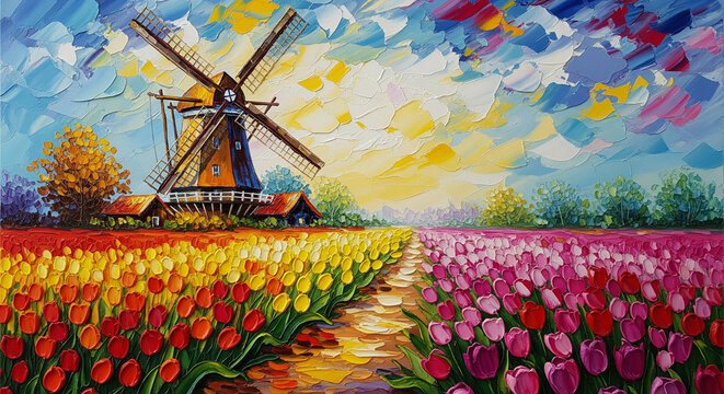 Vibrant illustration of Dutch windmill and colorful tulip field 3D oil art painting, 3D relief wallpaper for mural wall art, canvas print, wall decor painting design