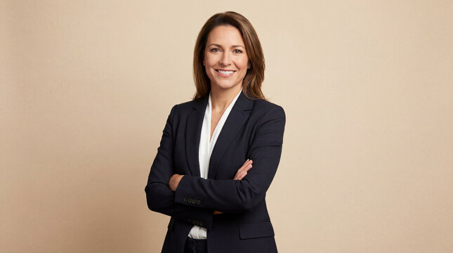 A confident, middle-aged businesswoman in a dark navy suit and white shirt, smiling with her arms crossed against a plain, warm beige background.